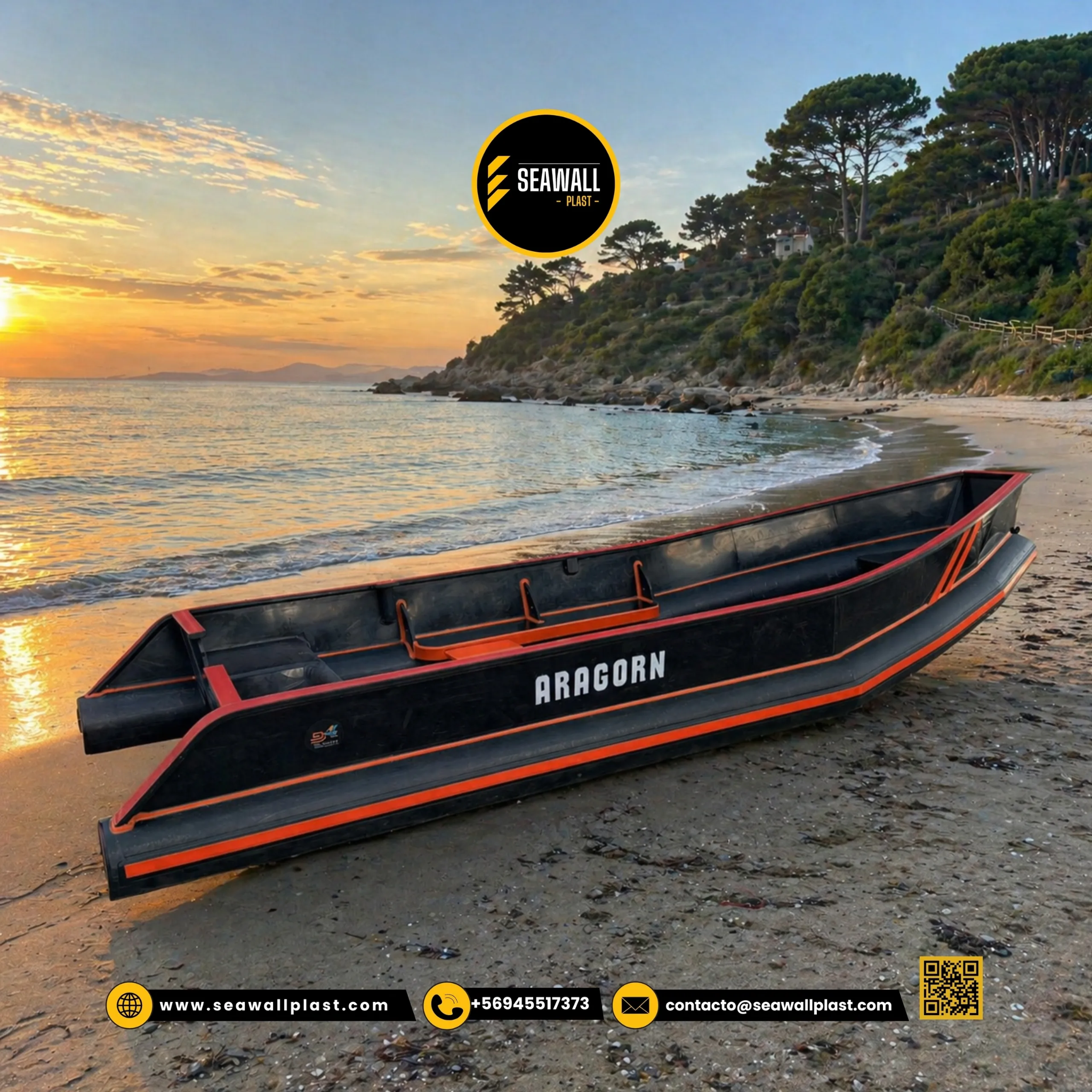 Embarcación HDPE Modelo 3m - Borda negra con líneas naranjas
